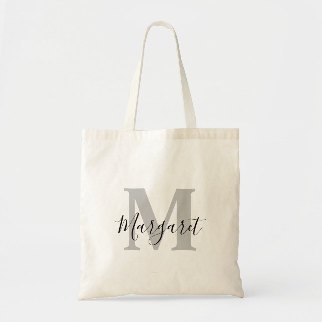 Light Grey Monogram Black Script Name Tote Bag (Front)