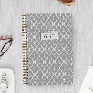 Light Grey Nautical Anchor Ogee Personalized Notebook