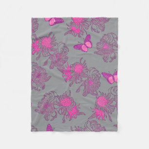 Light Grey Pink Butterfly Floral Fleece Blanket