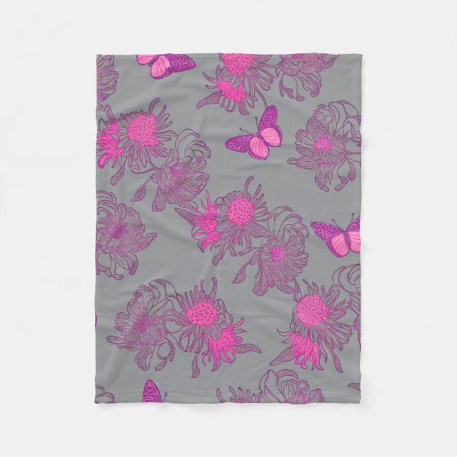 Light Grey Pink Butterfly Floral Fleece Blanket (Front)