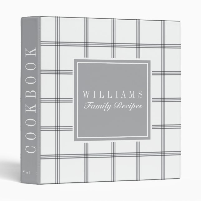 Light Grey Plaid Family Recipe Cookbook Binder (Front/Spine)