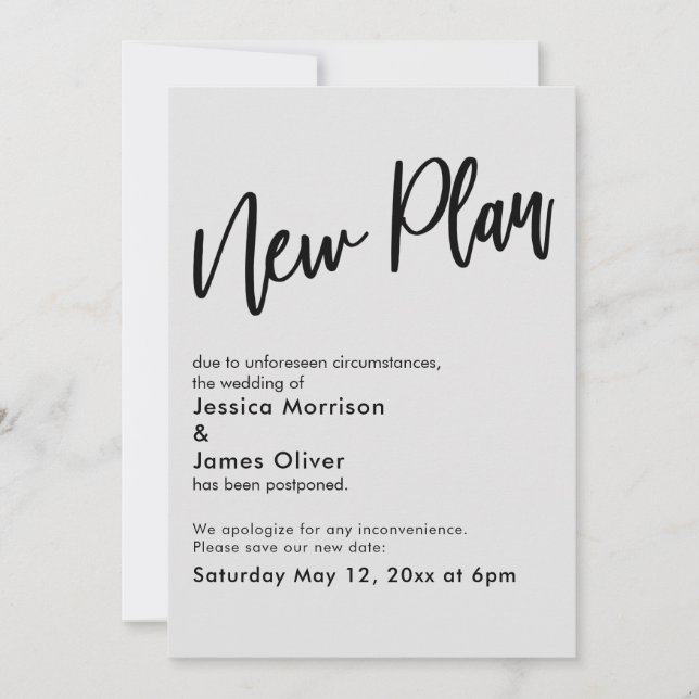 Light Grey Postponed Wedding New Plan Update Card (Front)