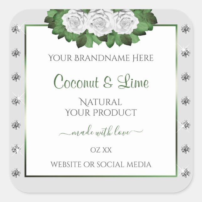 Light Grey Product Labels Green White Roses Jewels (Front)