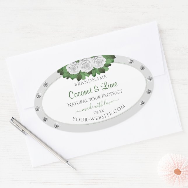 Light Grey Product Labels Green White Roses Jewels (Envelope)