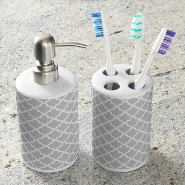 Light Grey Quatrefoil Soap Dispenser And Toothbrush Holder (Front)