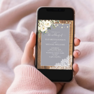 Light Grey Rustic Wood Script Lace Photo Wedding Invitation