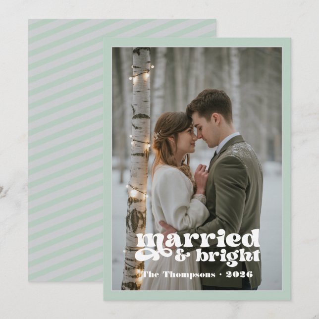 Light Grey & Silver Green Newlyweds Christmas Holiday Card (Front/Back)