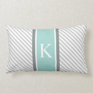 Light Grey Stripes & Mint Green Monogram Lumbar Pillow