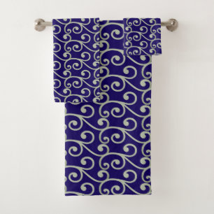 Light Grey Swirl Vector Pattern on Navy Blue Bath Towel Set