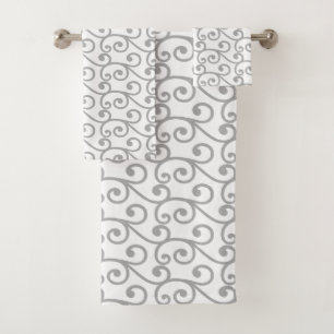 Light Grey Swirl Vector Pattern on White Bath Towel Set
