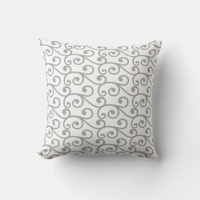 Light Grey Swirl Vector Pattern on White Throw Pillow (Front)