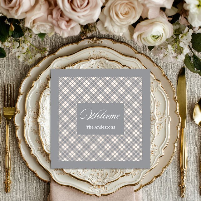 Light Grey Tartan Napkins Personalized Modern Set (Light Grey Tartan Napkins Personalized Modern Set )
