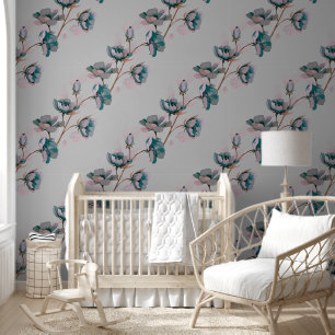 Light Grey Vintage Watercolor Blue Flower Stripes Wallpaper