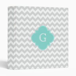 Light Grey White Chevron Aqua Quatrefoil Monogram Binder