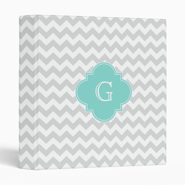 Light Grey White Chevron Aqua Quatrefoil Monogram Binder (Front/Spine)
