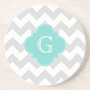 Light Grey White Chevron Aqua Quatrefoil Monogram Coaster