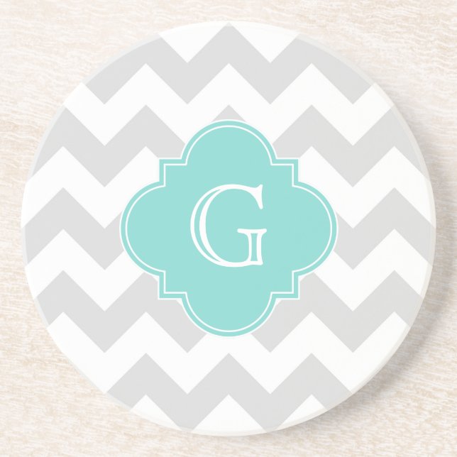 Light Grey White Chevron Aqua Quatrefoil Monogram Coaster (Front)
