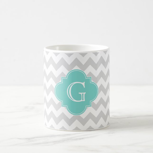 Light Grey White Chevron Aqua Quatrefoil Monogram Coffee Mug (Center)
