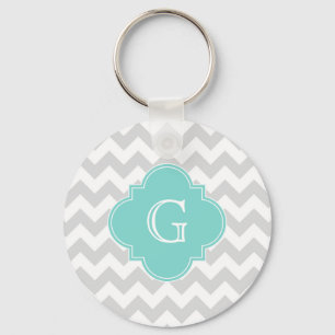 Light Grey White Chevron Aqua Quatrefoil Monogram Keychain
