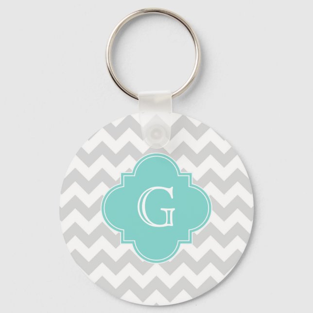 Light Grey White Chevron Aqua Quatrefoil Monogram Keychain (Front)