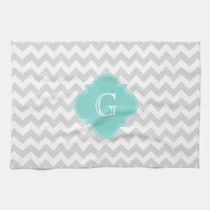 Light Grey White Chevron Aqua Quatrefoil Monogram Kitchen Towel