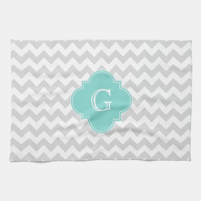 Light Grey White Chevron Aqua Quatrefoil Monogram Kitchen Towel (Horizontal)