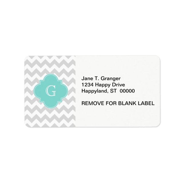 Light Grey White Chevron Aqua Quatrefoil Monogram Label (Front)