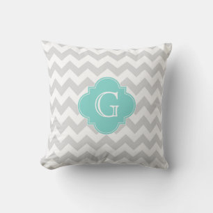 Light Grey White Chevron Aqua Quatrefoil Monogram Throw Pillow