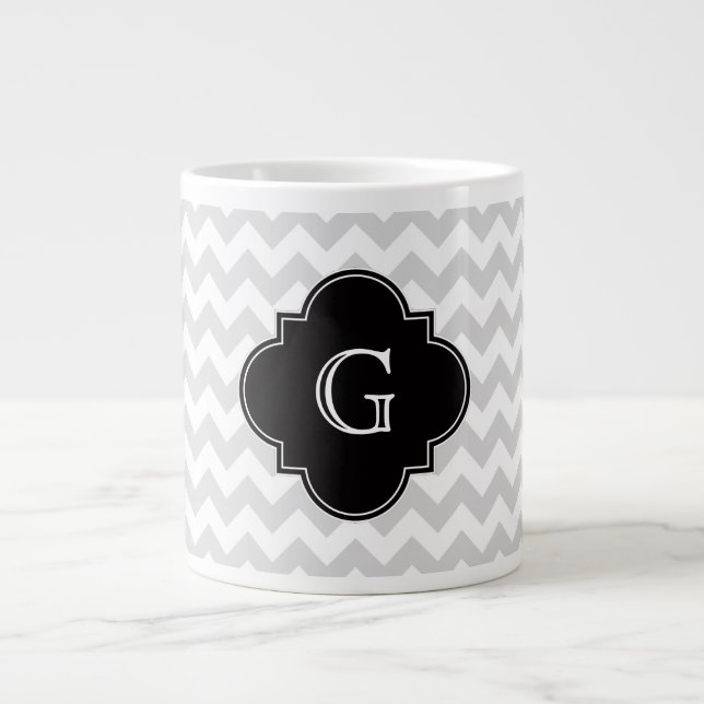 Light Grey White Chevron Black Quatrefoil Monogram Large Coffee Mug (Front)