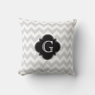 Light Grey White Chevron Black Quatrefoil Monogram Throw Pillow