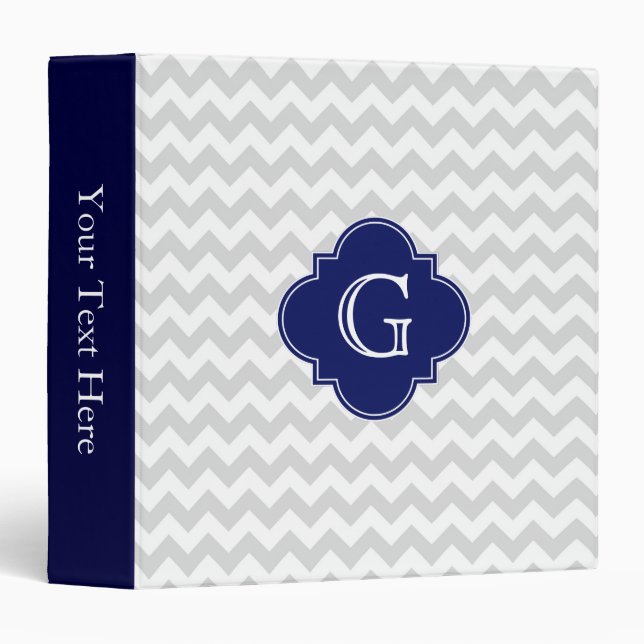 Light Grey White Chevron Navy Quatrefoil Monogram Binder (Front/Spine)