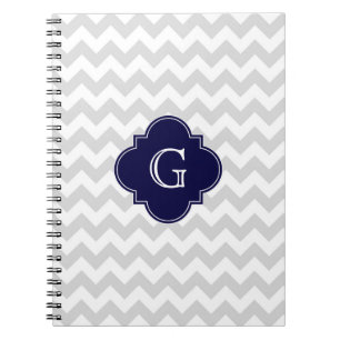 Light Grey White Chevron Navy Quatrefoil Monogram Notebook