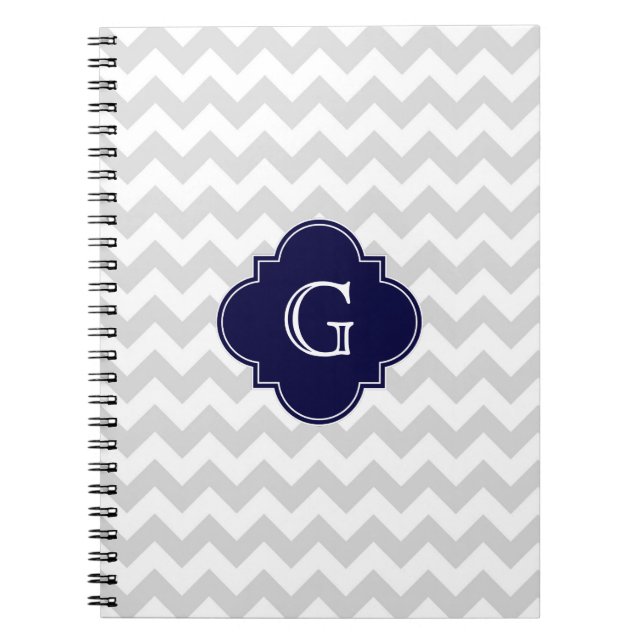 Light Grey White Chevron Navy Quatrefoil Monogram Notebook (Front)