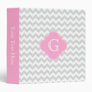 Light Grey White Chevron Pink Quatrefoil Monogram Binder