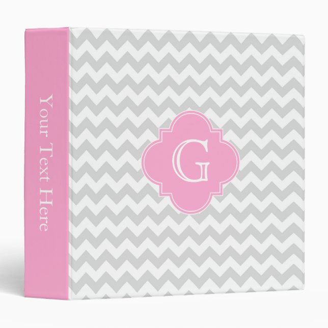 Light Grey White Chevron Pink Quatrefoil Monogram Binder (Front/Spine)