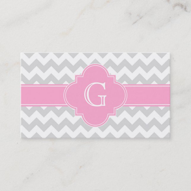 Light Grey White Chevron Pink Quatrefoil Monogram Business Card (Front)
