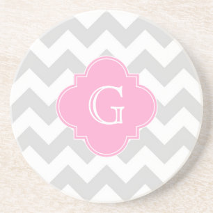 Light Grey White Chevron Pink Quatrefoil Monogram Coaster