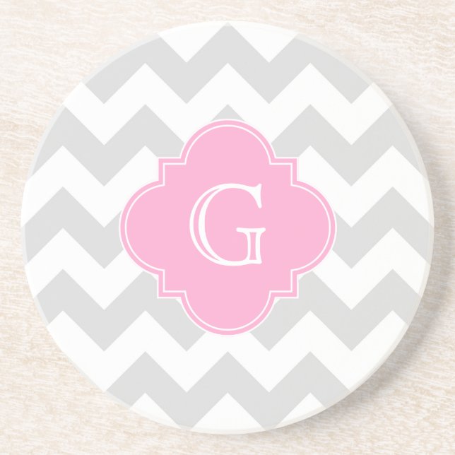 Light Grey White Chevron Pink Quatrefoil Monogram Coaster (Front)