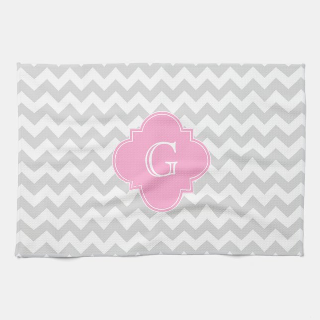 Light Grey White Chevron Pink Quatrefoil Monogram Kitchen Towel (Horizontal)