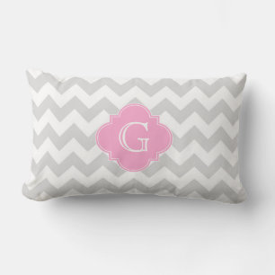 Light Grey White Chevron Pink Quatrefoil Monogram Lumbar Pillow