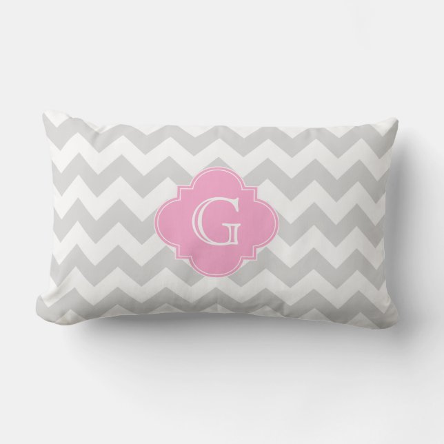 Light Grey White Chevron Pink Quatrefoil Monogram Lumbar Pillow (Front)