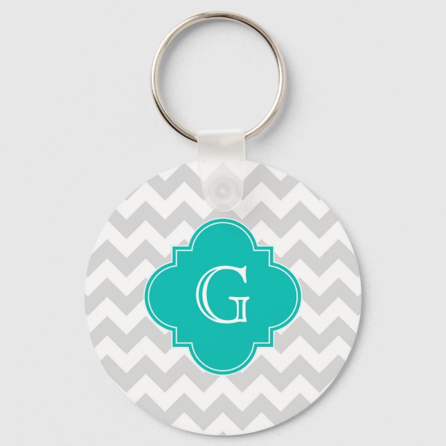 Light Grey White Chevron Teal Quatrefoil Monogram Keychain (Front)