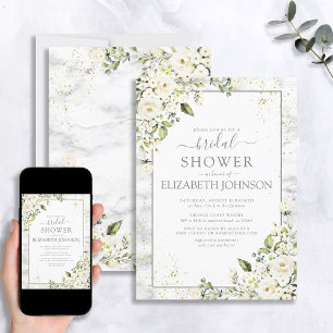 Light Grey White Floral Gold Marble Bridal Shower Invitation