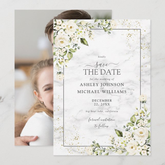 Light Grey White Floral Gold Photo Save the Date (Front/Back)
