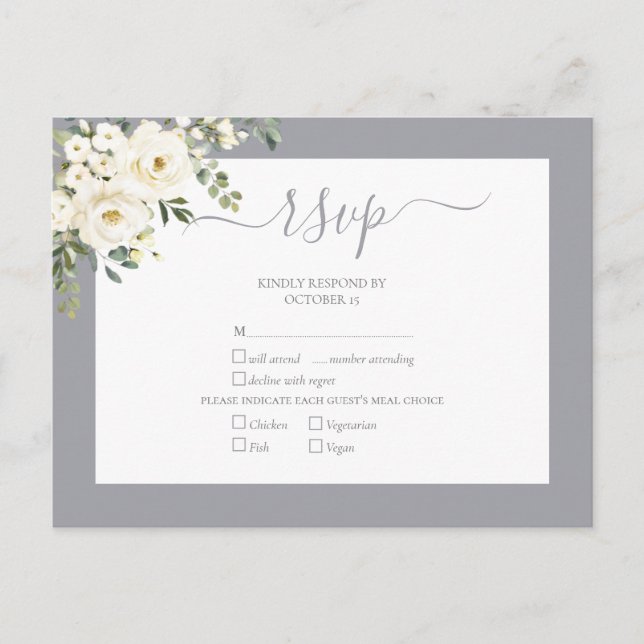 Light Grey White Floral Script Wedding RSVP Invitation Postcard (Front)