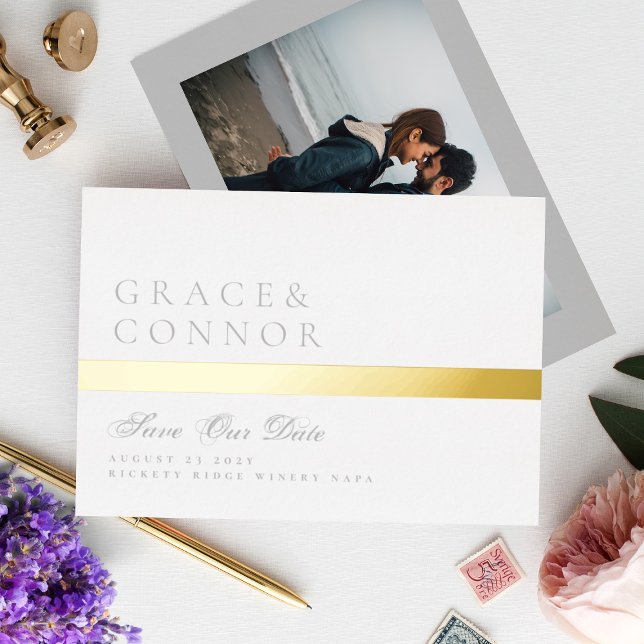Light Grey White Gold Stripe Photo Save The Date (Creator Uploaded)