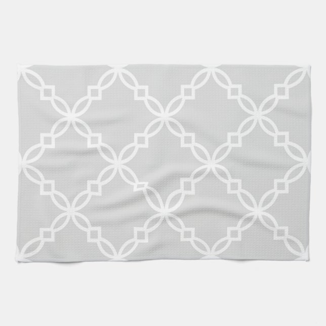 Light Grey White Large Fancy Quatrefoil Pattern Kitchen Towel (Horizontal)