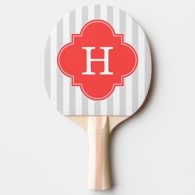 Light Grey White Stripes Coral Red Monogram Label Ping Pong Paddle (Front)