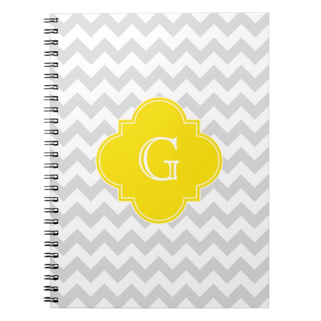 Light Grey Wht Chevron Yellow Quatrefoil Monogram Notebook (Front)