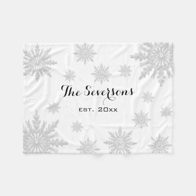 Light Grey Winter Snowflakes on White Fleece Blanket (Front (Horizontal))